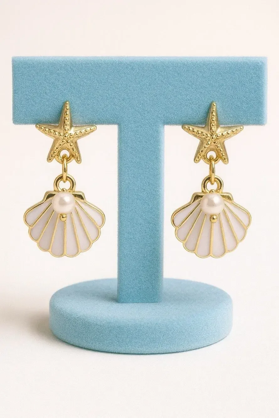 Anthropologie Seashell Earrings Starfish Pearl Gold Shell Boho 14k Plated Stud